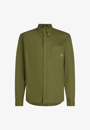 Olive roheline nööpidega särk terava krae, pikkade varrukate, ühe rinna-tasku ja taskule tikitud logoga. Pehme, tekstuuriga kangas.