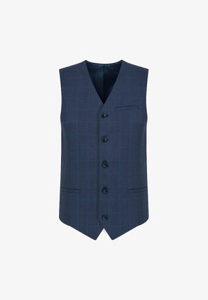 Granatowa kamizelka w kratę, z pięcioma guzikami, dekoltem w serek i dwiema przednimi kieszeniami. Gładki materiał o teksturowanym wyglądzie.