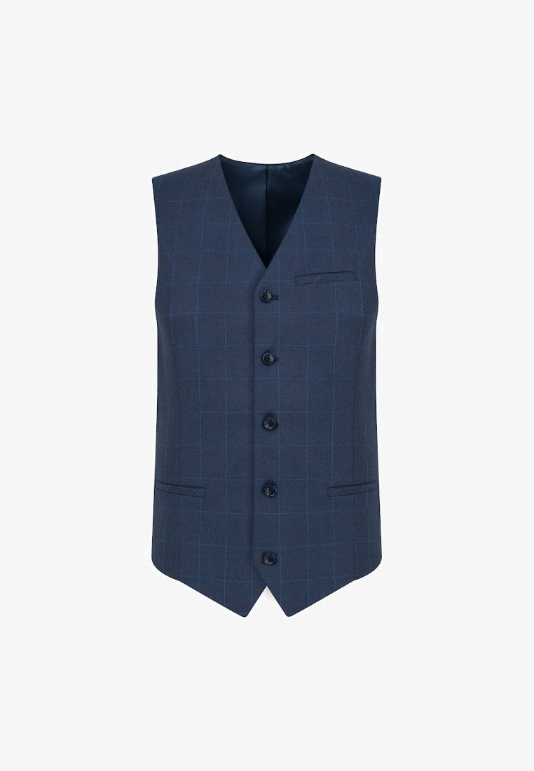 Granatowa kamizelka w kratę, z pięcioma guzikami, dekoltem w serek i dwiema przednimi kieszeniami. Gładki materiał o teksturowanym wyglądzie.