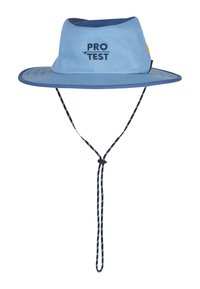 Blauwe hoed met brede rand en geborduurd "PRO TEST" logo. Beschikt over een contrasterende donkerblauwe band en een verstelbare kinband met een geruit patroon.