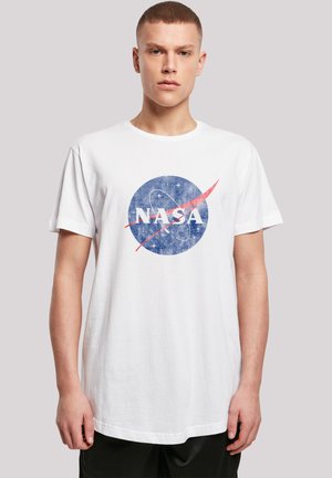 White cotton t-shirt featuring a blue NASA logo with red accents. Short sleeves, classic crew neck, relaxed fit.