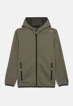 Zelena teksturirana jakna na patent s kapuljačom, dva prednja džepa na patent zatvarač i mali žutozeleni "CMP" logo na gornjem lijevom dijelu prsa.