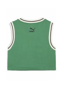 Top verde senza maniche in cotone, con scollatura tonda, bordi a strisce bianche e nere e logo Puma grigio sul retro.