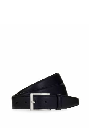 Black leather belt featuring a silver rectangular buckle, with stitching detail and multiple holes for adjustment. Flat and smooth texture.