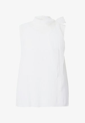 Biała bezrękawnikowa bluzka z wysokim kołnierzem i detalem w postaci kokardy z boku. Wykonana z gładkiego materiału, charakteryzująca się luźnym krojem i delikatną fakturą.