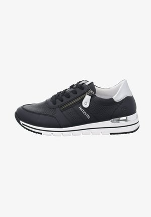 Black leather sneaker with perforated detailing, silver accents, and a side zipper. White sole with black tread for grip and comfort.