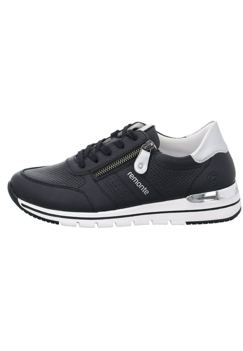 Schwarze Leder-Sneaker mit perforierten Details, silbernen Akzenten und einem seitlichen Reißverschluss. Weiße Sohle mit schwarzem Profil für Grip und Komfort.