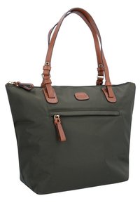 Borsa a spalla verde scuro con manici e dettagli in finta pelle marrone. Presenta una tasca con zip sulla parte anteriore e una superficie liscia.