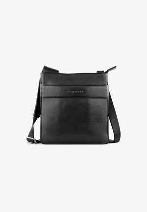 Borsa a tracolla in pelle nera con superficie testurizzata, tasca anteriore con zip e tracolla regolabile. Presenta il logo "bugatti" stampato sul davanti.