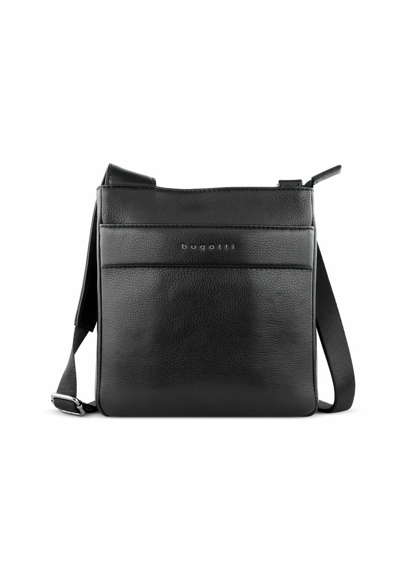 Borsa a tracolla in pelle nera con superficie testurizzata, tasca anteriore con zip e tracolla regolabile. Presenta il logo "bugatti" stampato sul davanti.