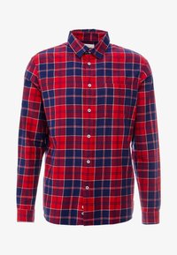 Camisa de manga larga a cuadros rojos y azul marino, con cierre de botones en el frente, diseño con cuello, presenta líneas de cuadrícula blancas y un bolsillo en el pecho.