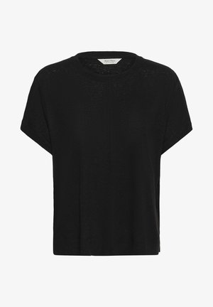 Tricou negru cu mânecă scurtă, guler rotund, croială lejeră și o etichetă albă mică în interiorul gulerului cu inscripția "Part Two".