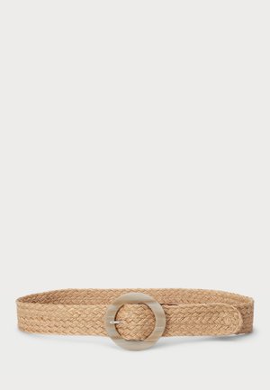 Geflochtenem Strohhüftgurt in Beige, mit einer großen runden Schließe aus Harz. Der Gürtel hat eine strukturierte Oberfläche und ein flaches Design für eine verstellbare Passform.