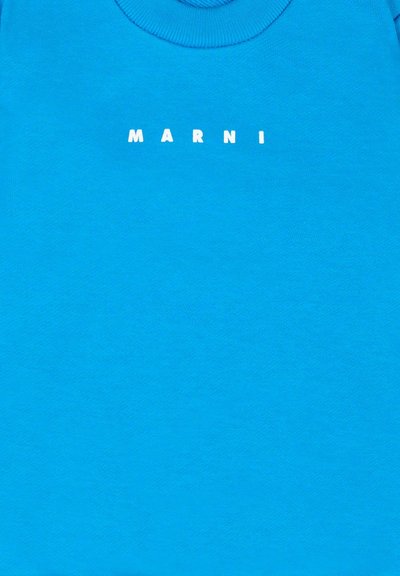 T-shirt en coton bleu avec un col rond et le mot "MARNI" imprimé en blanc sur la poitrine. Texture lisse et design décontracté.