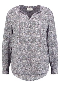 Bluzka z długim rękawem w wielokolorowy kwiatowy wzór, z dekoltem w kształcie litery V, z guzikami z przodu oraz regulowanym wiązaniem przy dekolcie.