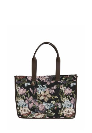 Rechthoekige totebag met donkerbruine handvatten, met een bloemenpatroon van roze, witte en groene bloemen op een zwarte achtergrond.