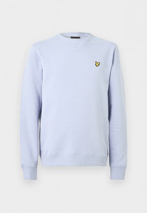 Sweat-shirt bleu clair à col rond avec des manches longues et un petit logo d'oiseau jaune sur le côté gauche de la poitrine.