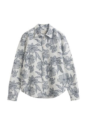 Άσπρο πουκάμισο με μακριά μανίκια και κουμπιά, με μαύρο ανθικό σχέδιο και μυτερό γιακά, τοποθετημένο πλαγίως σε λευκό φόντο.