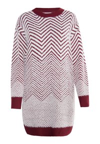 Pulover tricotat în alb și burgund cu un model tip chevron, având un guler rotund și manșete și tiv ribbon. Design cu o croială lejeră.