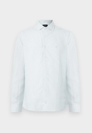 Férfi gombos ing világoskék színben, fehér függőleges csíkokkal, klasszikus gallérral, hosszú ujjakkal és diszkrét logóval a mellrészen.