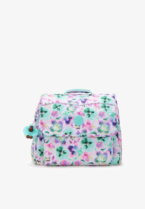 Bloemmotief rugzak in pastelkleuren van roze, groen en paars met een voorklep en een turquoise handvat. Inclusief een pluche charme.