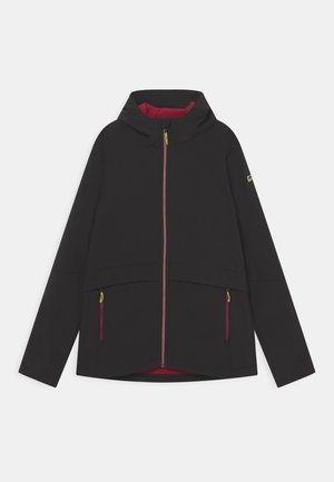 Black hooded jacket with pink inner lining, full front zipper, and two front zip pockets with yellow zipper pulls.