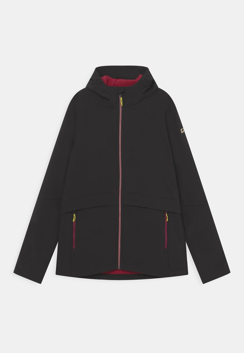 Veste noire à capuche avec doublure intérieure rose, fermeture éclair intégrale devant, et deux poches avant zippées avec tirettes jaunes.