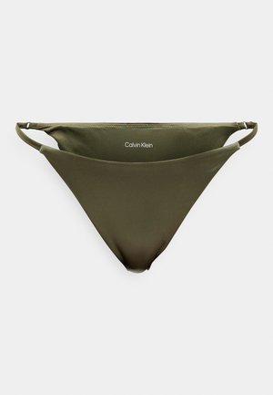 Bas de bikini vert olive avec une texture lisse, présentant des bretelles latérales fines et le logo Calvin Klein imprimé en blanc à l'avant.