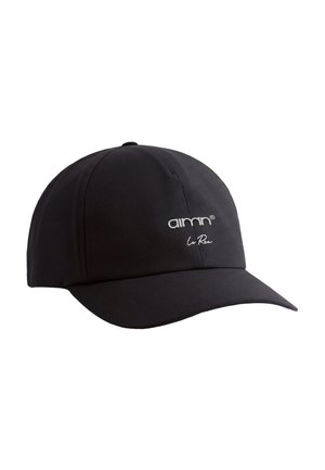 Sort baseballcaps med buet skygge, med hvid broderet "aimn" og "La Rea" tekst på frontpanelet.
