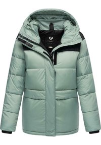 Light green puffer jacket with a hood, zip front, black accent at shoulders, quilted texture, and two front pockets for storage.