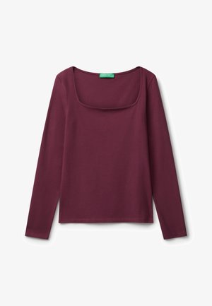 Long-sleeve women's top in deep plum with a square neckline and a green "United Colors of Benetton" label inside collar.