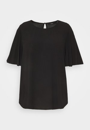 Blouse noire avec manches courtes évasées et encolure ronde avec une petite ouverture boutonnée en forme de goutte au dos.
