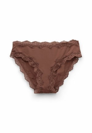 Ropa interior marrón con encaje en los bordes, hecha de una tela suave y lisa. Los bordes con forma de ola y el diseño sin costuras realzan su forma y textura.