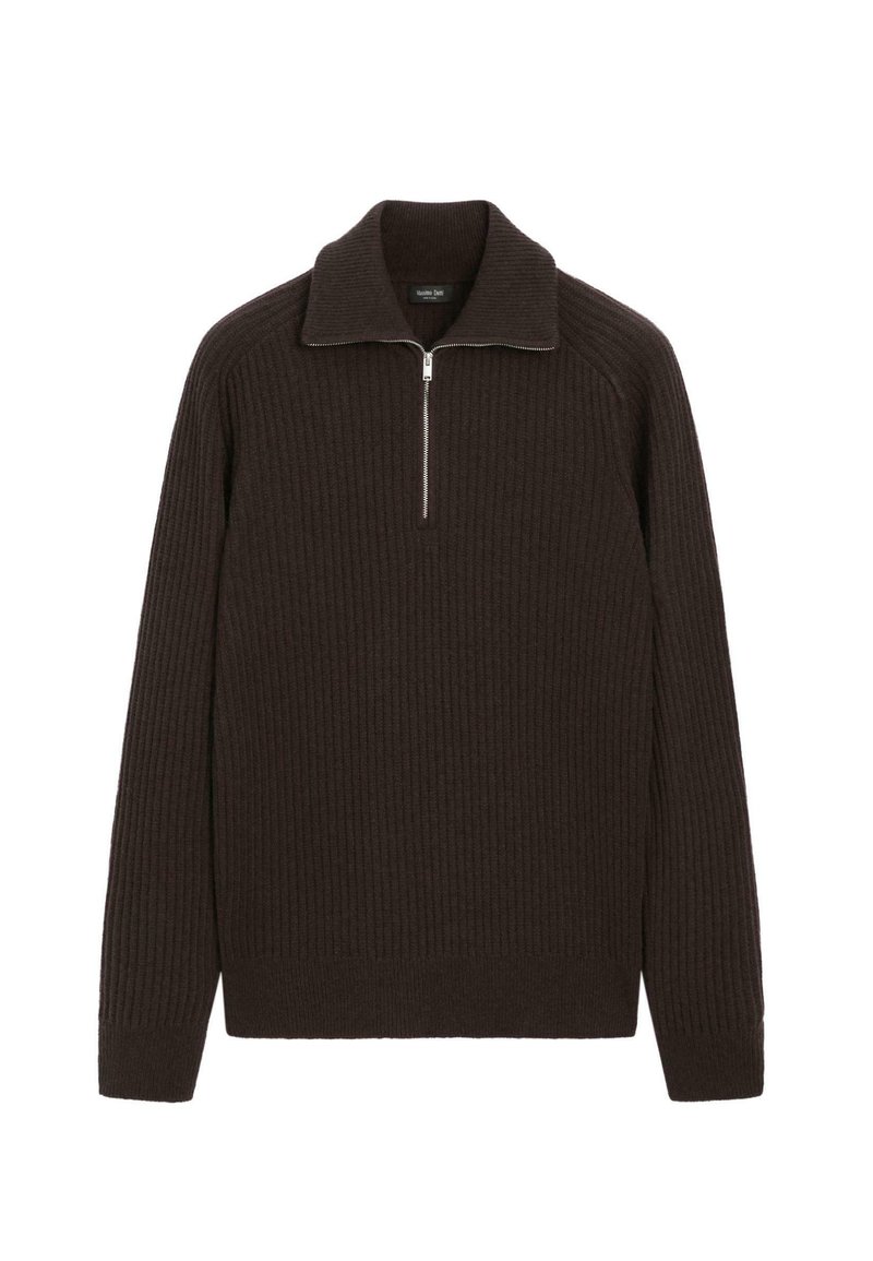 Maglione a coste di un marrone scuro con maniche lunghe e colletto a zip a un quarto.