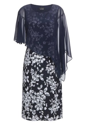 Marineblaues Kleid mit transparenten Ärmeln aus Floral-Overlay; weiße Blumenmuster auf dem Rock. Glatte Textur; knielanges Design. Rundhalsausschnitt.