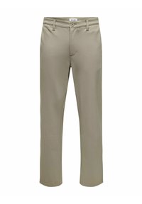 Beige chinos med en glat tekstur, der har lynlåsgylp og knaplukning samt forlommer. Design med lige ben.