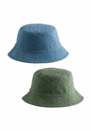 Two textured bucket hats, one in blue and one in olive green, shown against a white background.