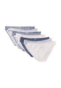 Set van zes damesonderbroeken in verschillende tinten blauw en wit. Heeft bloemen- en patroonranden, met kanten en strikaccenten. Van katoen.