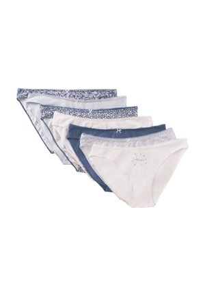 Set di sei mutandine femminili in diverse tonalità di blu e bianco. Presentano rifiniture floreali e a motivi, con dettagli in pizzo e fiocchi. Materiale cotone.