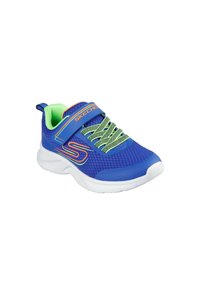 Scarpa sportiva blu con tomaia in rete, accenti verdi, lacci elastici e cinturino in Velcro. Presenta una suola bianca e dettagli del logo colorati.