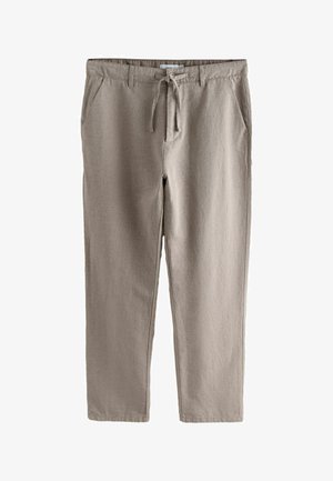 Beige Freizeithose mit Kordelzugbund, Gürtelschlaufen, Seitentaschen und geradem Bein.