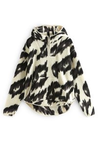 Fleece-trøje med sort og cremefarvet dyreprint, der har halv lynlås, hætte og lomme foran. Blød tekstur og afslappet pasform.