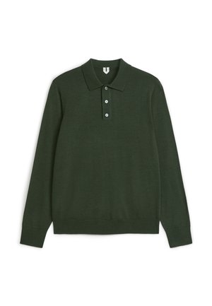 Dark green long-sleeve polo shirt with a flat collar, three button placket, ribbed cuffs, and a soft, textured fabric.