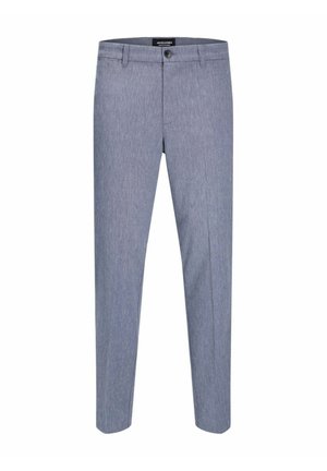 Pantaloni azzurri chiari in un tessuto texturizzato, design slim fit, con chiusura a un bottone e tasche standard. Gamba sagomata su misura.