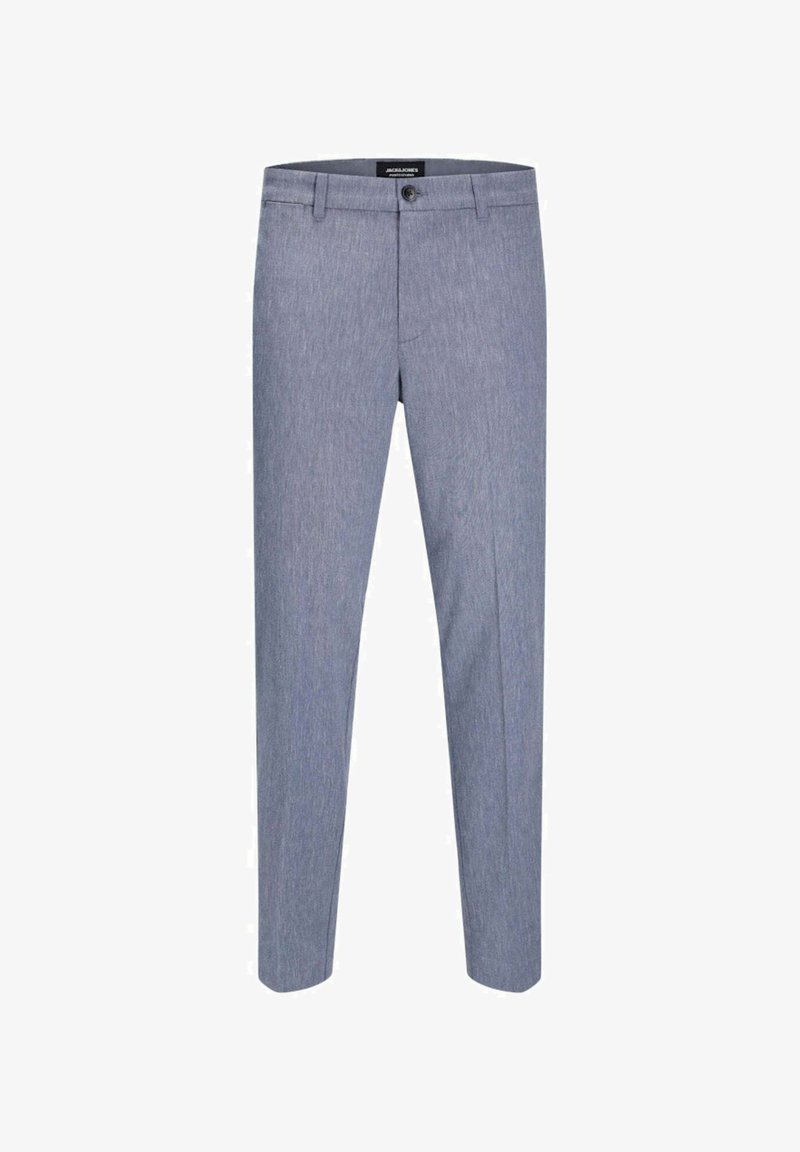 Pantaloni azzurri chiari in un tessuto texturizzato, design slim fit, con chiusura a un bottone e tasche standard. Gamba sagomata su misura.