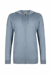 Ljusblå dragkedjetröja i mjukt tyg, med huva med snörning, två framfickor samt ribbade muddar och nederkant.