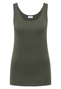 Débardeur sans manches vert olive avec encolure dégagée et tissu lisse, étiqueté "CECIL" à l'intérieur du col.