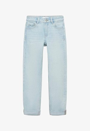 Jeans in denim azzurro chiaro con vestibilità dritta, orli risvoltati e due tasche frontali. Presentano una chiusura con bottone e passanti per la cintura.