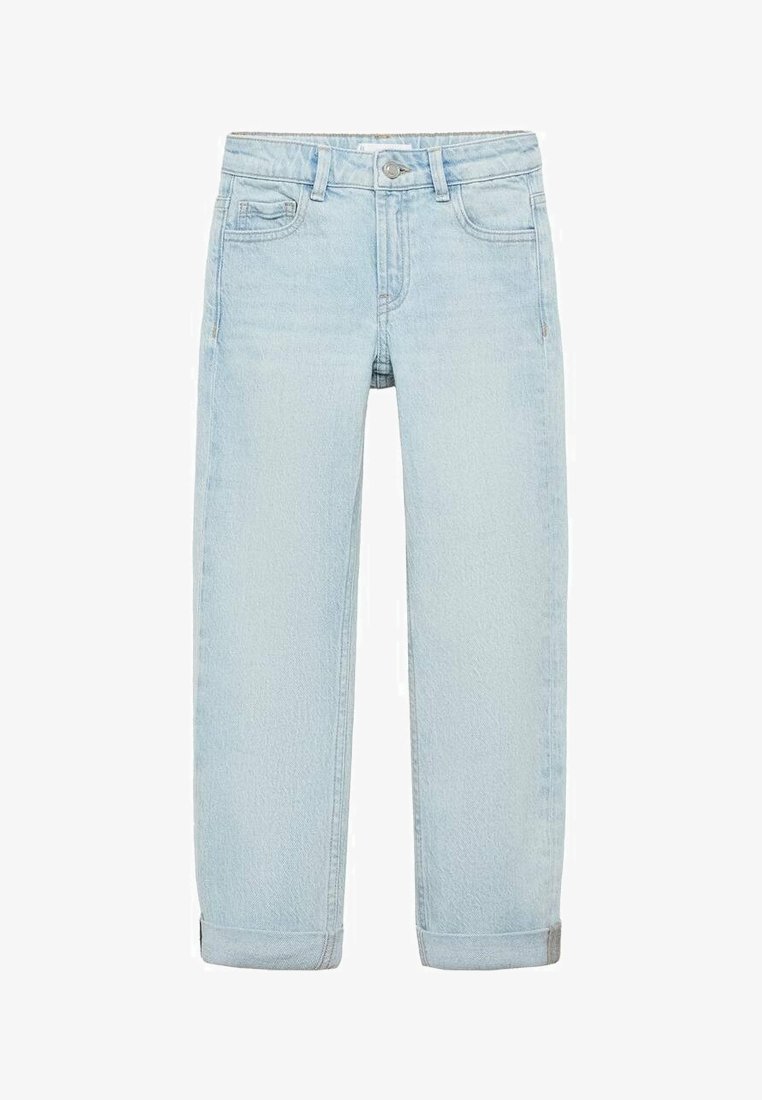 Svijetloplave traperice ravnog kroja, s preklopom na rubovima i dva prednja džepa. Imaju zatvaranje na gumb i petlje za remen.