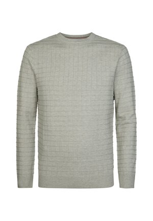 Pull gris clair à manches longues avec un motif discret en quadrillage et encolure, poignets et ourlet côtelés.